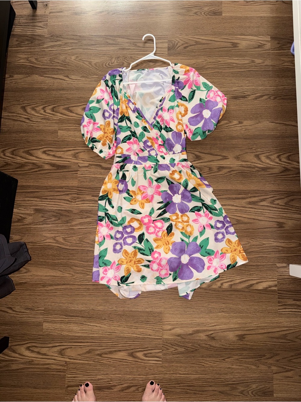 Floral Dress with Puff Sleeves - Purple, Pink & Yellow